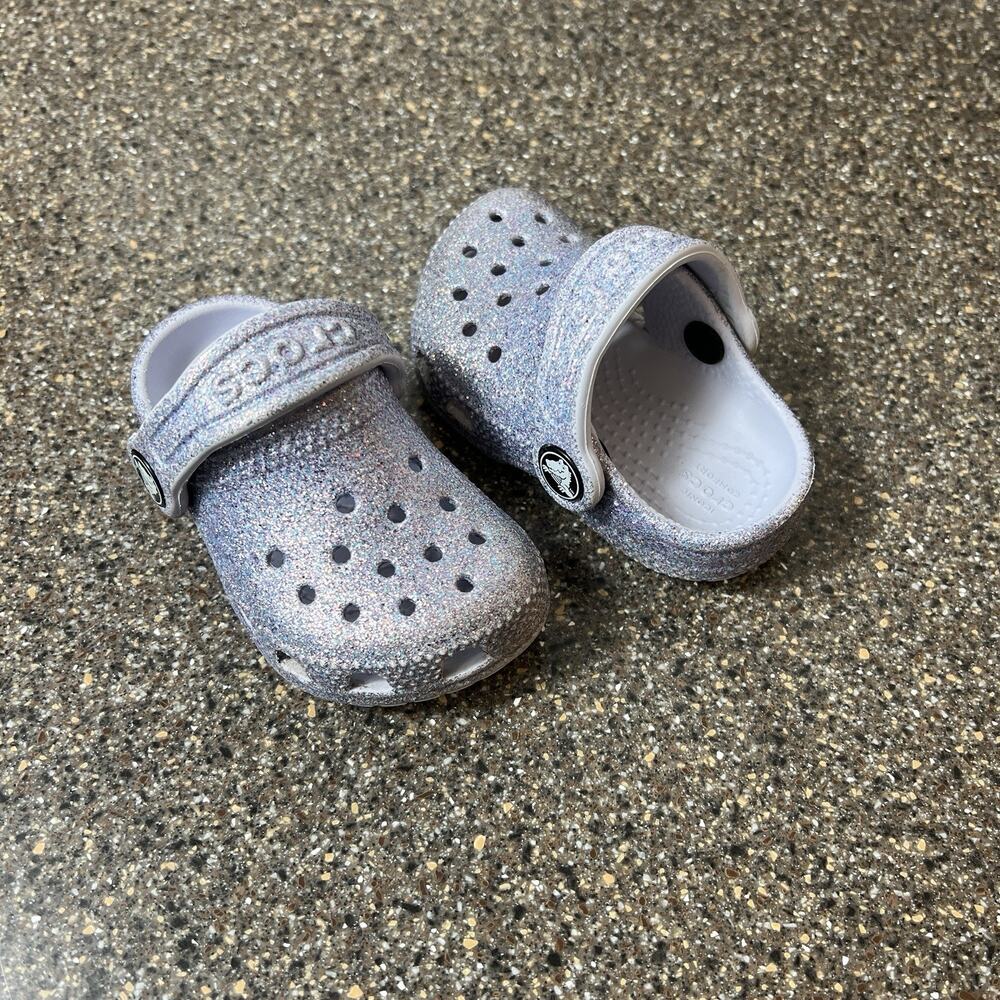 Crocs Iconic Comfort Little Kids Infant Baby Size 4 Purple Glitter Clogs Slip On